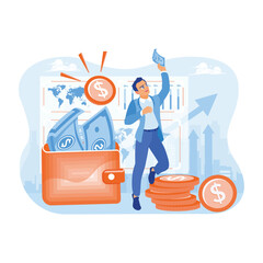 Happy man holding money. Get additional salary from the company. Salary payment concept. Flat vector illustration.