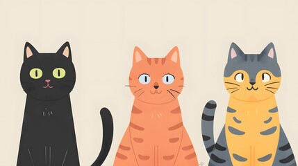 Fototapeta premium Colorful Trio of Illustrated Cats with Expressive Eyes