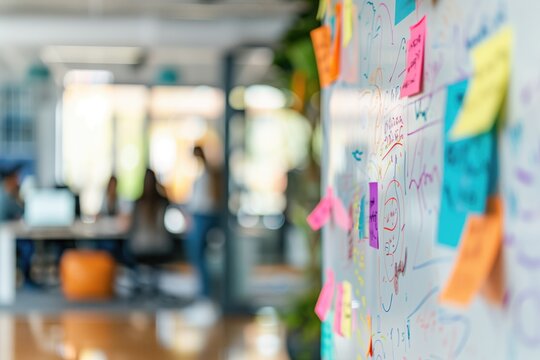 Colorful sticky notes on office whiteboard with blurred business people in background. Brainstorming, collaboration, creative ideas, team planning, project management, workplace productivity.
