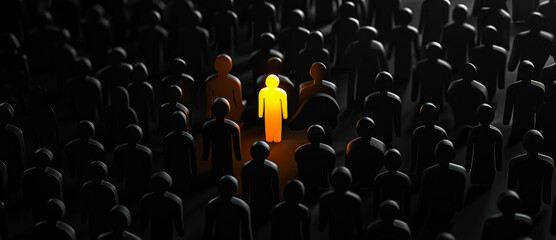 Fototapeta premium person figure through in crowd, black background with gray people figures,