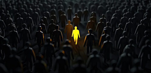 Obraz premium person figure through in crowd, black background with gray people figures,