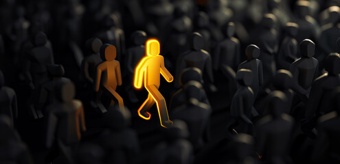 Obraz premium person figure through in crowd, black background with gray people figures,