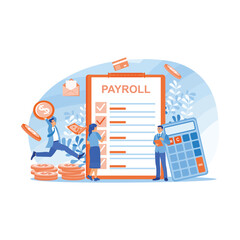 Businessman looking at payroll on clipboard. Employees are happy to get a monthly salary. Payroll concept. Flat vector illustration.