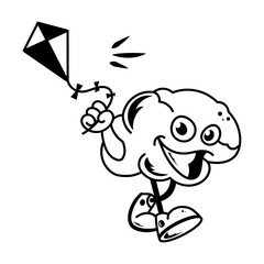 Happy brain with flying kite emoji, doodle icon 