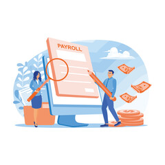Woman looking at salary document with magnifying glass. Man writes payroll on computer. Payroll concept. Flat vector illustration.