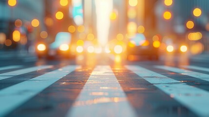 Blurred urban street crosswalk at night with car headlights and city lights in bokeh