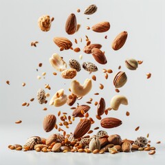 Fototapeta premium A variety of nuts and seeds are suspended in mid-air against a white background.