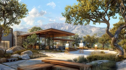 Fototapeta premium Modern ranch with a dedicated area for outdoor painting, offering inspiring views and equipped with easels and supply storage