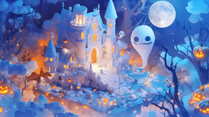 Halloween creature, 2D style cartoon characters of cute ghosts in town