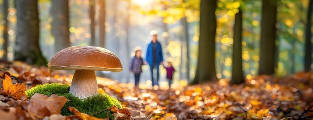A large mushroom on the forest floor with a family walking in the background during autumn, highlighting the beauty of nature and family bonding in a seasonal setting.