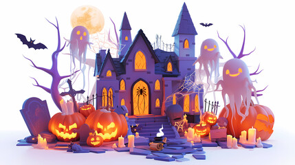 Halloween creature, 3D vector style cartoon characters of cute ghosts, bats and spider webs in different poses