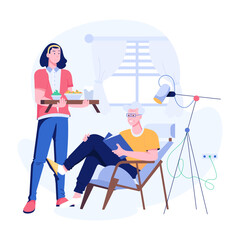 A flat character illustration depicting elderly care 