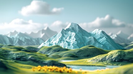 Dreamlike Mountainscape with Lush Meadows and Playful Streamlined Forms
