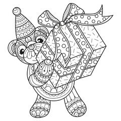 Teddy bear and gift box hand drawn for adult coloring book