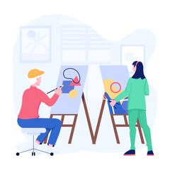 A flat character illustration of elderly painting session 