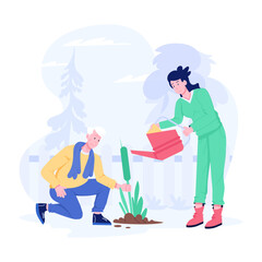 Elderly man doing gardening with nurse, flat illustration 