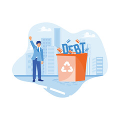 Businessman throws the word debt into the trash. Men have no debt. Debt-free concept. Flat vector illustration.