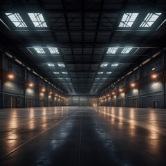 Fototapeta premium An empty city warehouse with a rectangular shape, composite material flooring, metal fixtures, symmetrical layout, tints and shades coming from the ceiling lights and windows