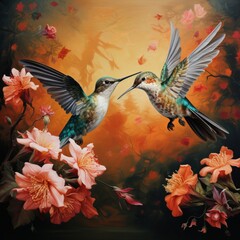 Fototapeta premium Hummingbirds fly over flowers in a painting depicting natural environment , generated by AI