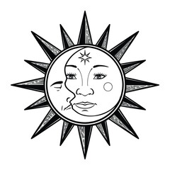 Hand drawn of sun esoteric symbol. Alchemy mystical magic elements in black and white doodle vintage drawing style.