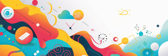 Abstract Colorful Design with Shapes and Icons - vibrant marketing wallpaper with abundant copy space, flat design, sleek and modern elements, eye-catching colors, minimalist icons, professional and c