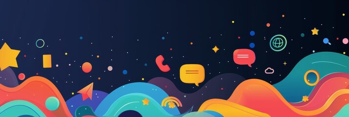Naklejka premium Abstract Colorful Waves with Icons - A vibrant abstract design featuring colorful waves, stars, and icons symbolizing technology and communication. - A vibrant abstract design featuring colorful waves