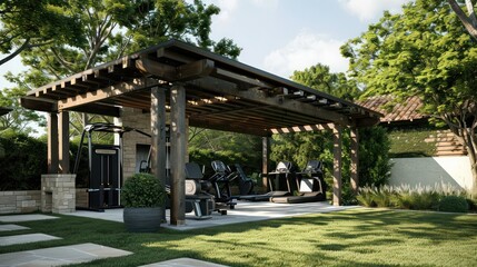 Modern ranch with a fully equipped outdoor gym shaded by a custom pergola