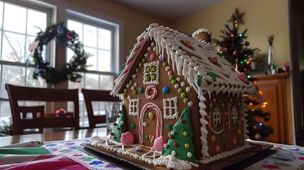 Obraz premium Decorated Gingerbread House with Christmas Decorations in Background