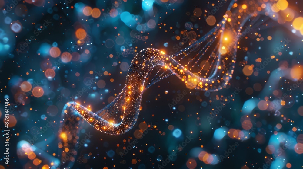 Wall mural abstract dna helix with glowing particles - a 3d rendering of a dna helix made up of glowing particl