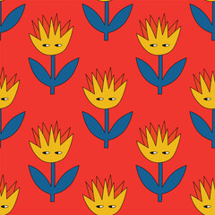 1970s floral seamless pattern. Groovy and funky hippie aesthetic.Good vibes only.Ornament with flowers, botany, petals.Psychedelic rainbow repeating background.Retro print for fabric with nature.	