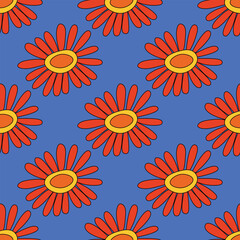 1970s floral seamless pattern. Groovy and funky hippie aesthetic.Good vibes only.Ornament with flowers, botany, petals.Psychedelic rainbow repeating background.Retro print for fabric with nature.	