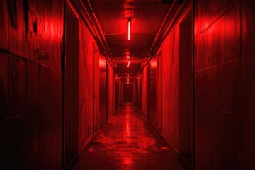 Corridor of Fear. Alone in the Dark Creepy Corridor with Red Lights