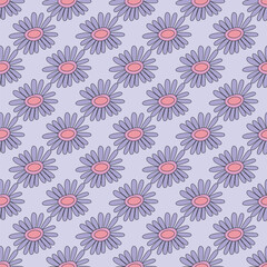 1970s floral seamless pattern. Groovy and funky hippie aesthetic.Good vibes only.Ornament with flowers, botany, petals.Psychedelic rainbow repeating background.Retro print for fabric with nature.	