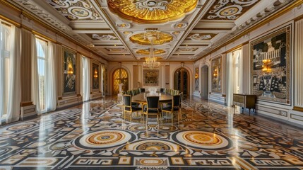 Obraz premium A lavish dining area with an intricate mosaic floor and a gold-leafed coffered ceiling
