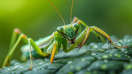 Fototapeta premium A close-up macro photograph of a green praying mantis perched on a leaf with dew droplets. The insect's intricate features are prominently captured against a soft out-of-focus background.