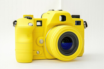 A vibrant yellow camera isolated on a pure white background, perfect for capturing summer vacation memories