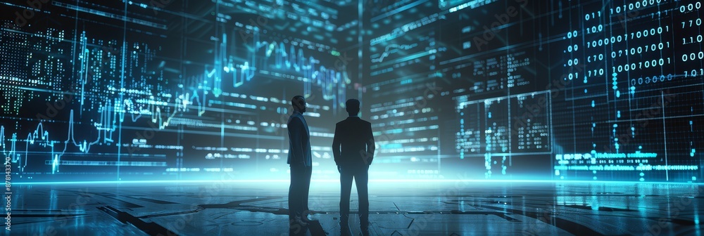 Poster businessmen analyzing data - two businessmen standing in front of a digital screen filled with data 