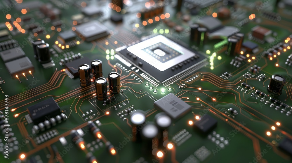 Poster circuit board with microchip and electronic components - a close-up shot of a circuit board with a m
