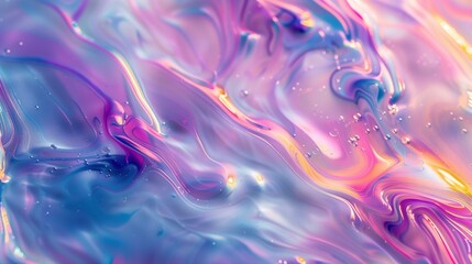 Obraz premium Iridescent fluid wavy abstract texture background image. Vibrant pink blue iridescence photo backdrop wallpaper realistic. Dynamic and captivating holographic concept photorealistic