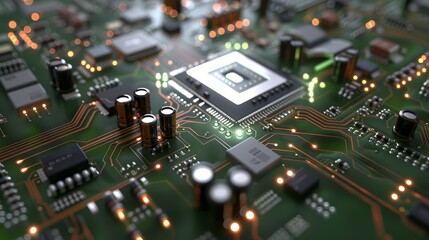 Obraz premium Circuit Board with Microchip and Electronic Components - A close-up shot of a circuit board with a microchip, electronic components, and glowing lights. The image showcases the complexity and intricat