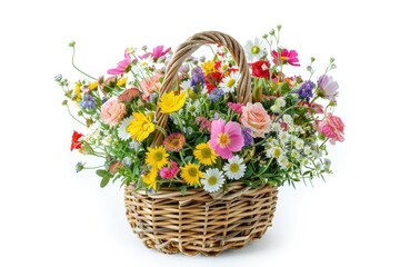 Basket Of Flowers. Beautiful Bright Flower Arrangement in White Isolated Background