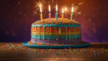 Obraz premium Colorful, tasty, birthday cake with 5 lit, sparkling candles and lots of colorful, edible decorations