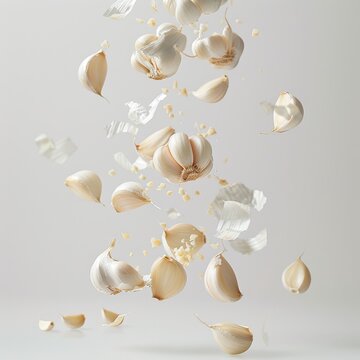 Peeled garlic cloves falling on white background