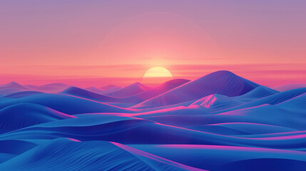 Sandy desert under bright sun and sunset sky