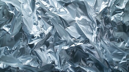 Detailed close-up of crumpled silver aluminum foil texture background image. Metallic reflections. Wrinkled material photo backdrop wallpaper realistic. Abstract concept photorealistic