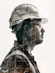 Construction Worker and Cityscape - A double exposure stock photo of a construction worker juxtaposed with images of blueprints and machinery, capturing both the dedication and technical aspects of th