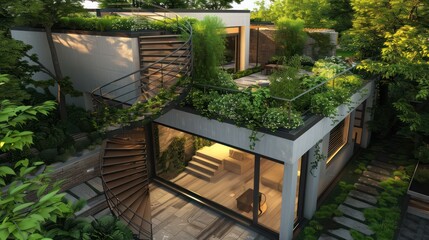 Modern ranch with a lush rooftop garden accessible by a spiral staircase