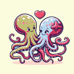 cute couple of octopuses with heart. valentines card with funny character in love we complete each other vector illustration outline