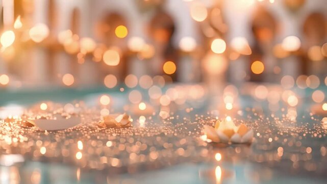 Modern arabic style architectural interior with bright lighting, pool with flowers and arches.