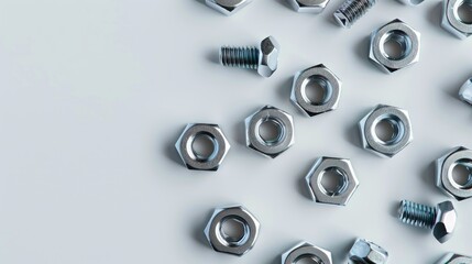 Top view concept of metal nuts on white surface for repair or improvement